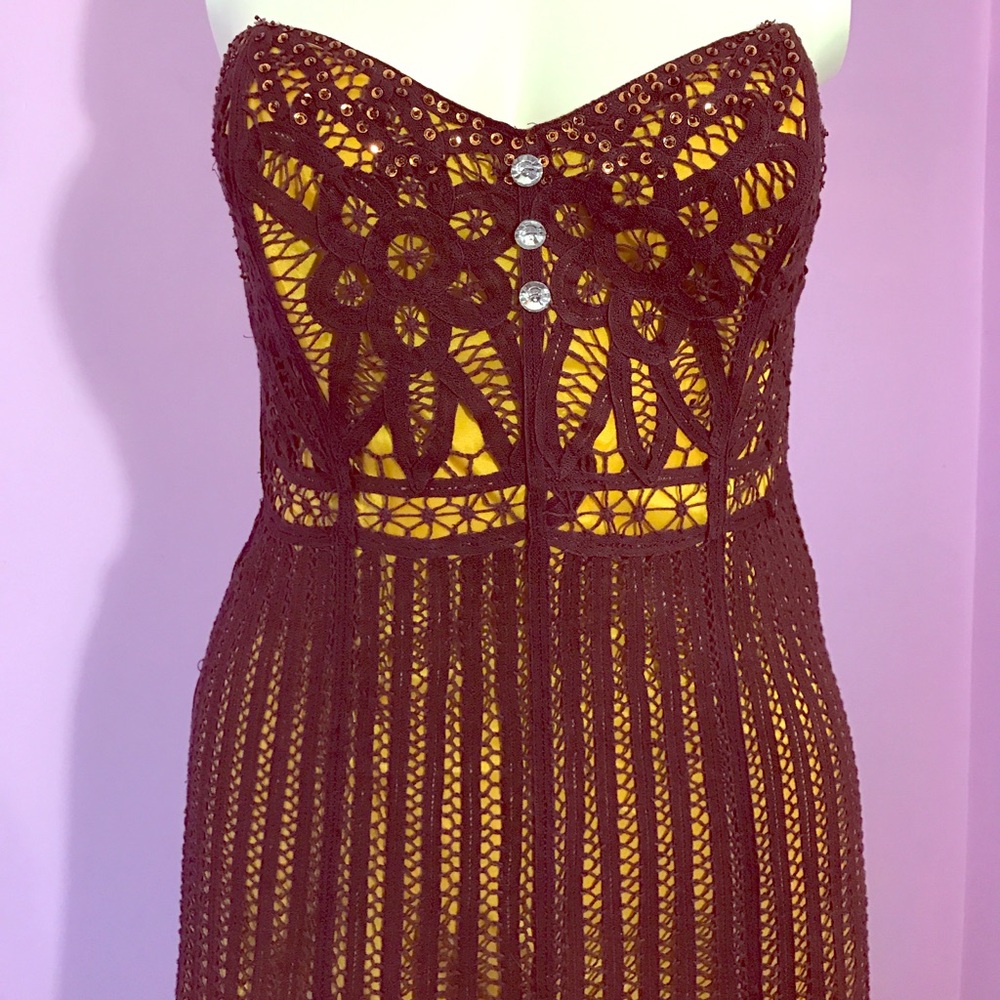 BETSEY JOHNSON purple & yellow sweetheart strapless beaded accordion dress